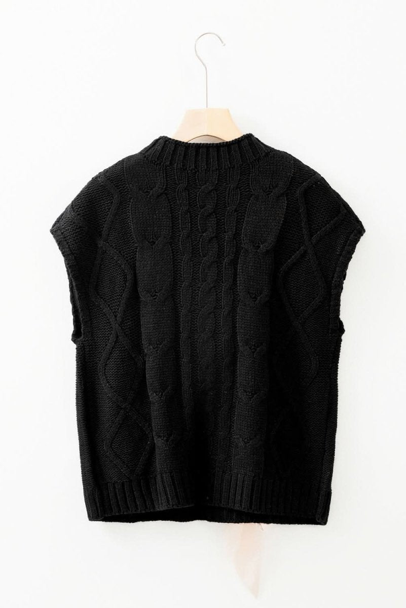 Black Cable Knit Colorblock Sweater with Satin Bowknot Details - Love Salve
